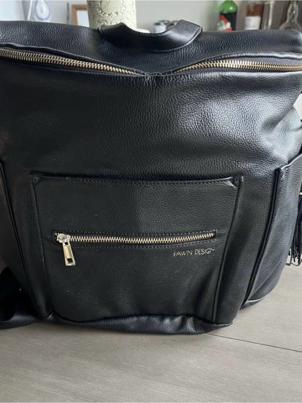 Fawn Design The Original Full Size Black Vegan Leather Backpack Diaper Bag